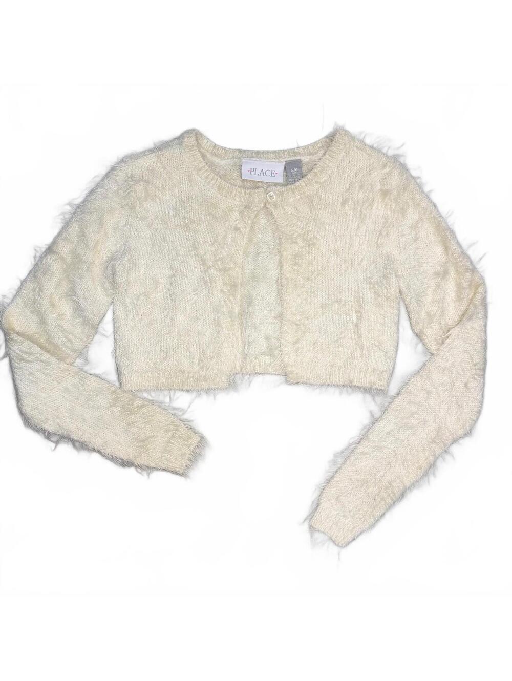 The Children's Place Girls 5/6 Ivory Fuzzy Cropped Cardigan Sweater